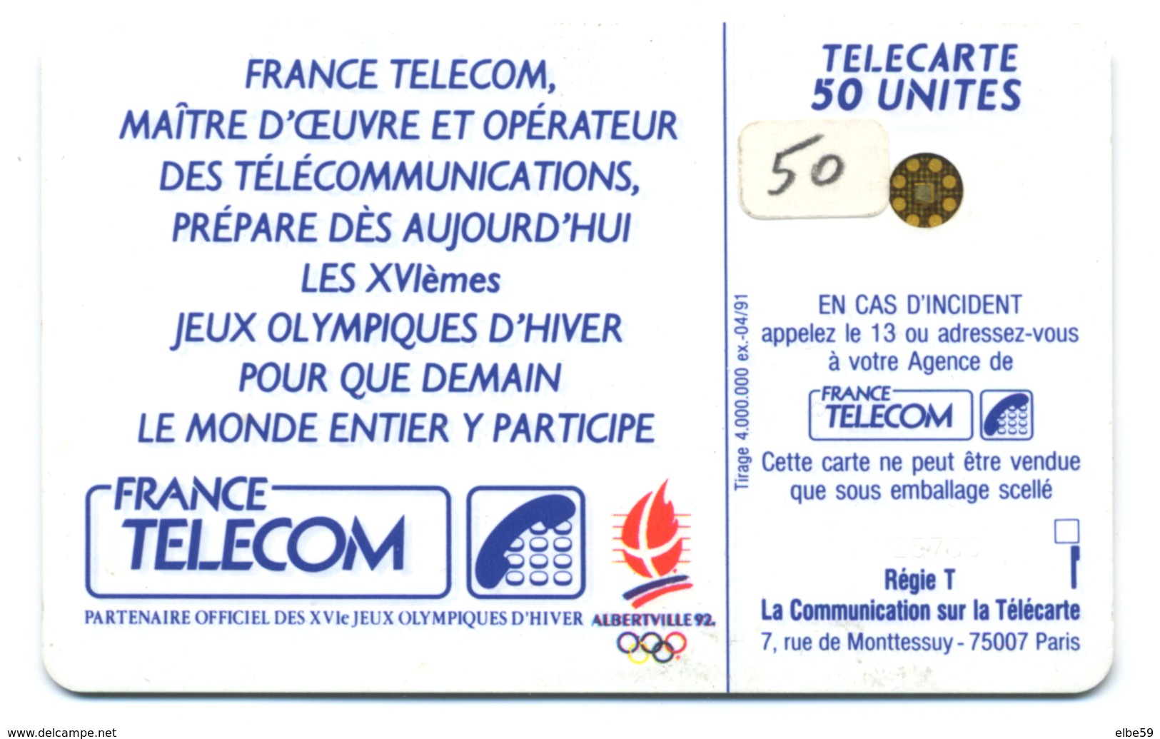 France, Telecom, Telecarte 50, Thème, Jeux Olympiques, Albertville 92, Skieur - Olympische Spiele