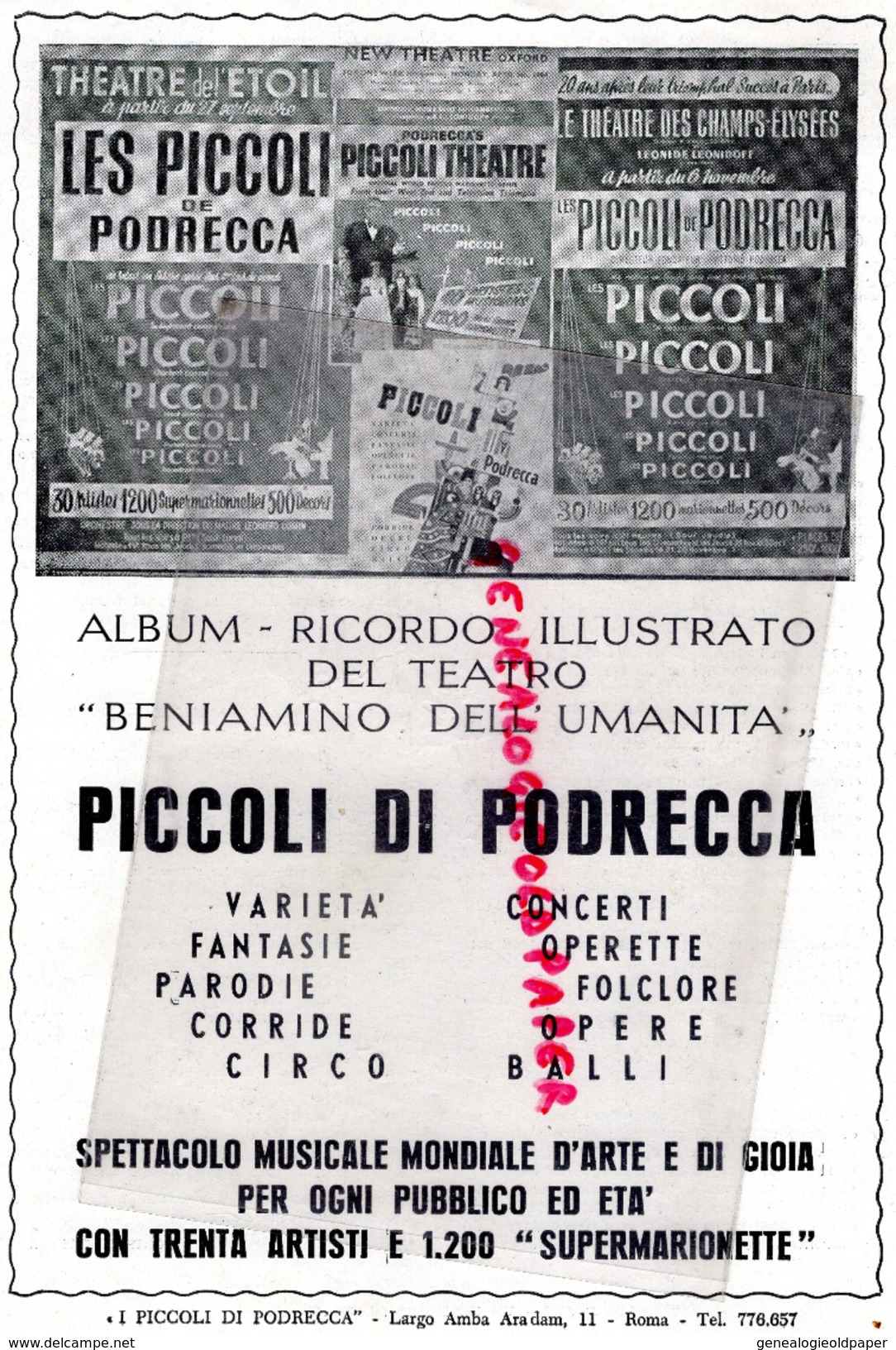 THEATRE DES PICCOLI DI PODRECCA- ITALIE- ROMA- INGRID BERGMAN- GRETA GARBO-FAUST-IL GATTO- HARPE- RUMBA- - Programme