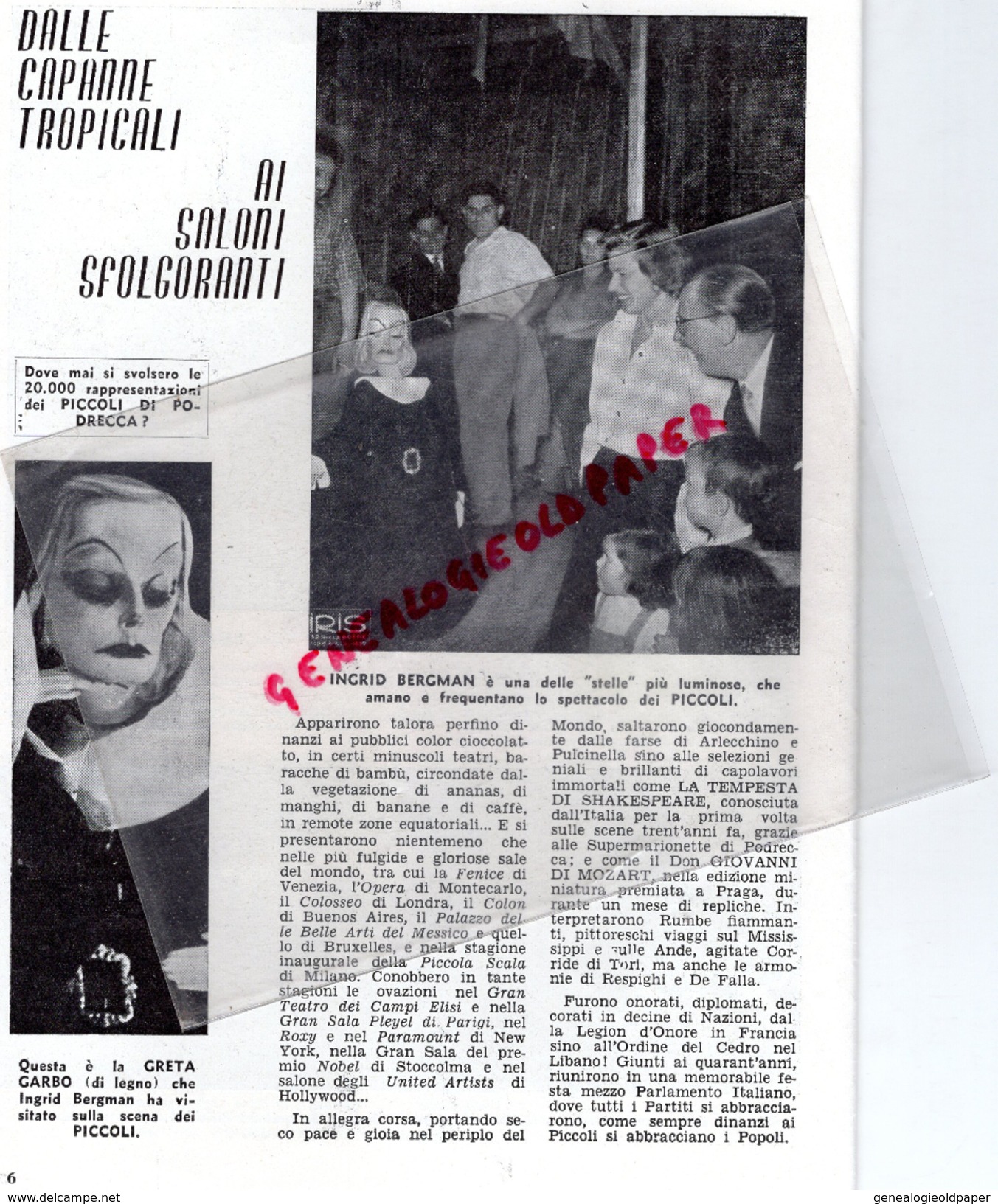 THEATRE DES PICCOLI DI PODRECCA- ITALIE- ROMA- INGRID BERGMAN- GRETA GARBO-FAUST-IL GATTO- HARPE- RUMBA-