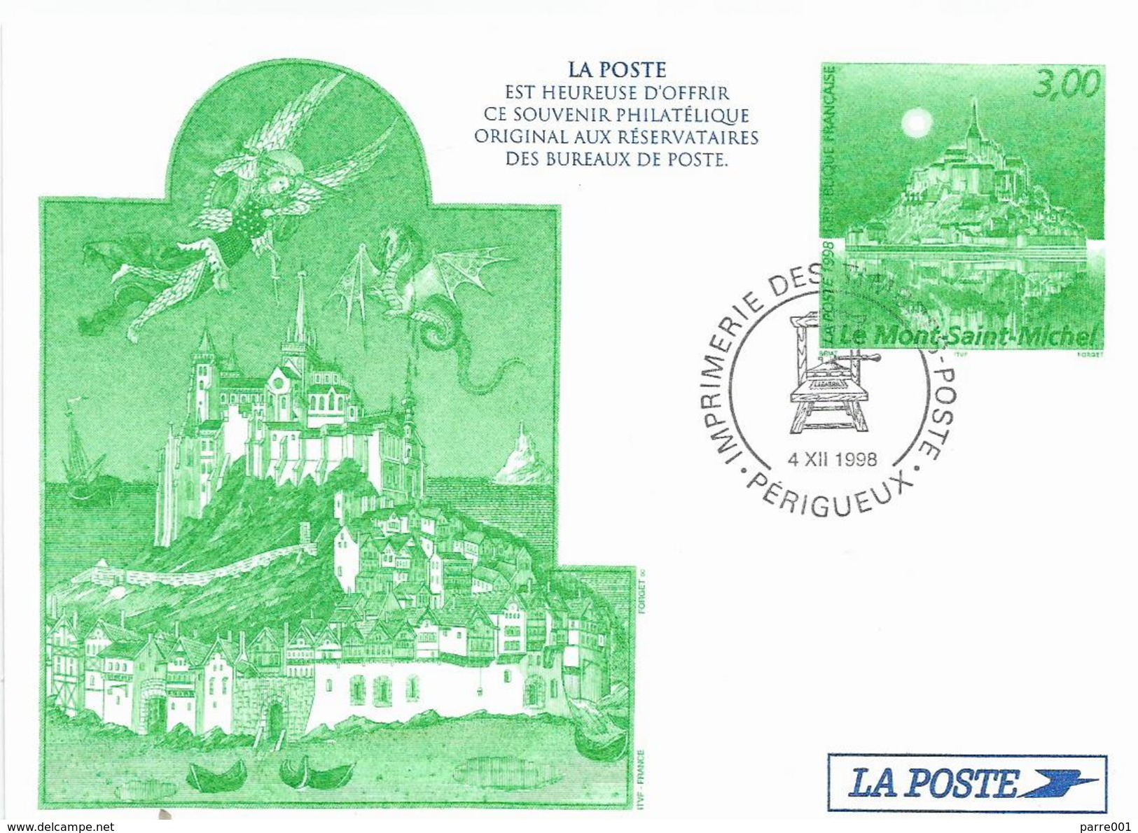 France 1998 Perigueux Mont Saint-Michel Monastry UNESCO World Heritage Site Postal Stationary Card - Sonderganzsachen