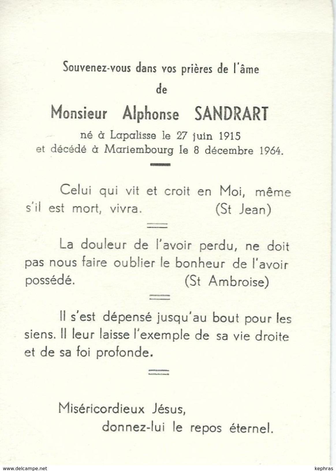 Souvenir Mortuaire - Alphonse Sandrart - LAPALISSE 1915 - MARIEMBOURG 1964 - Décès