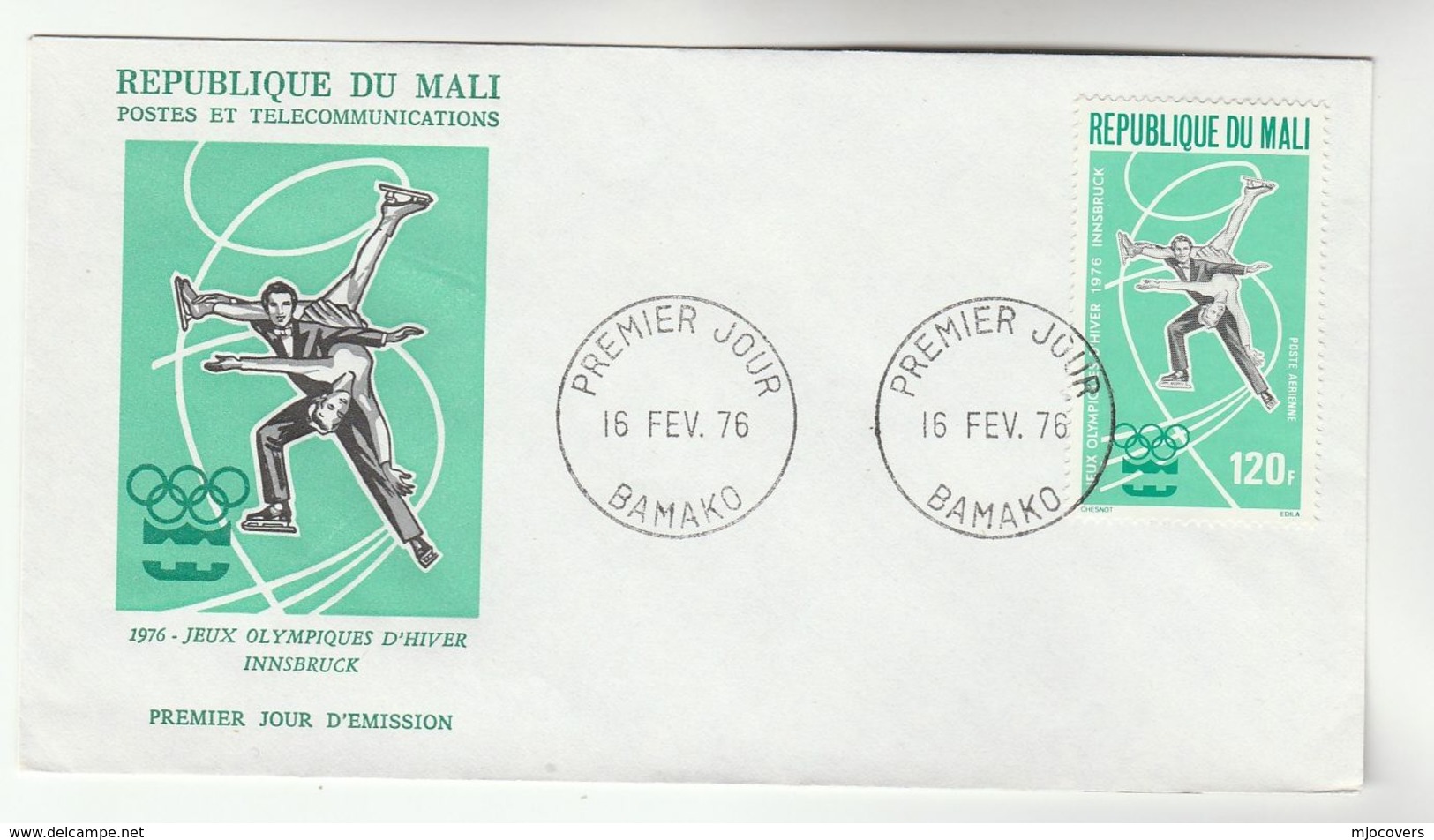 1976 MALI FDC Stamps OLYMPIC FIGURE SKATING  Winter Olympics Games Cover Ice Sport - Winter 1976: Innsbruck