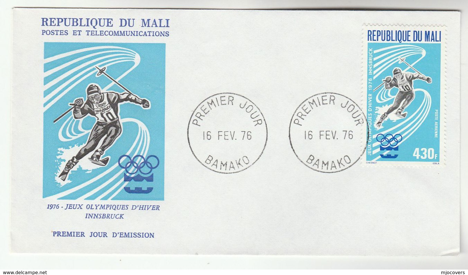 1976 MALI FDC Stamps OLYMPIC SKIING Winter Olympics Games Cover Ski Sport - Winter 1976: Innsbruck