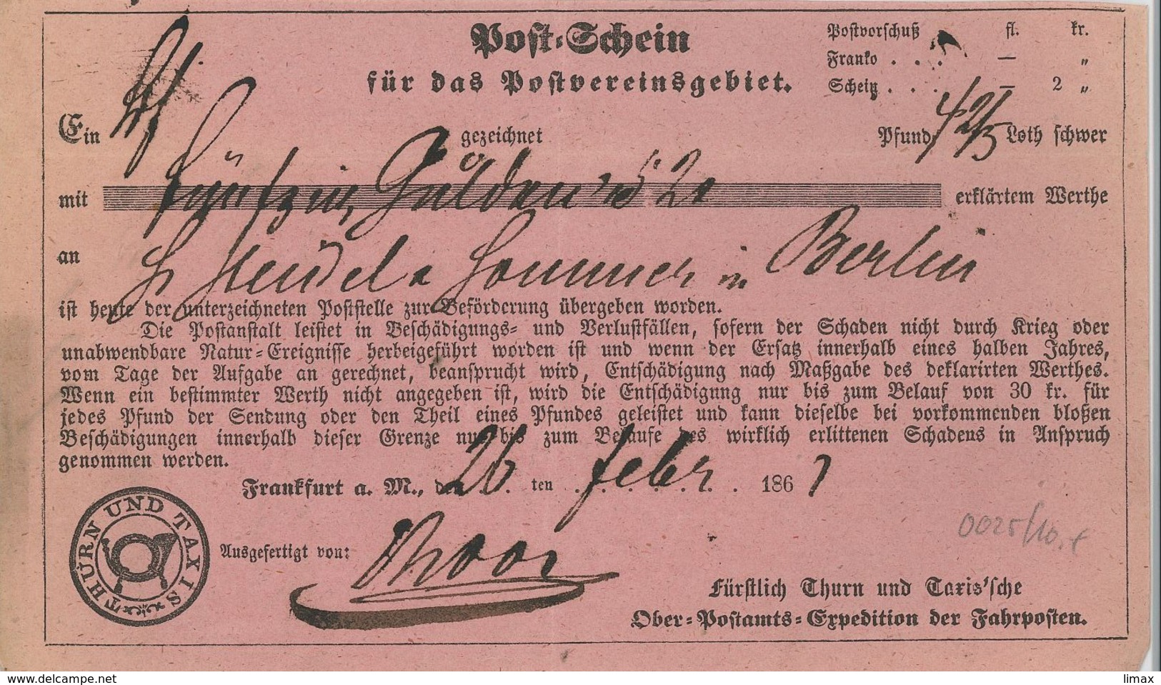 1861 Postschein Thurn Taxis Expedition Fahrposten - Cartas & Documentos