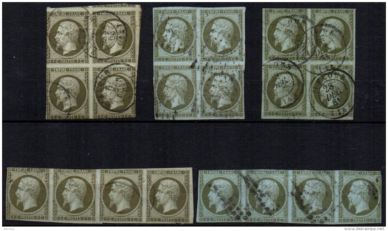 FRANCE - 1 C. Oblitéré De Nuances Différentes En Bandes Et Blocs De 4 à Petit Prix (- De 5 %) - 1853-1860 Napoléon III