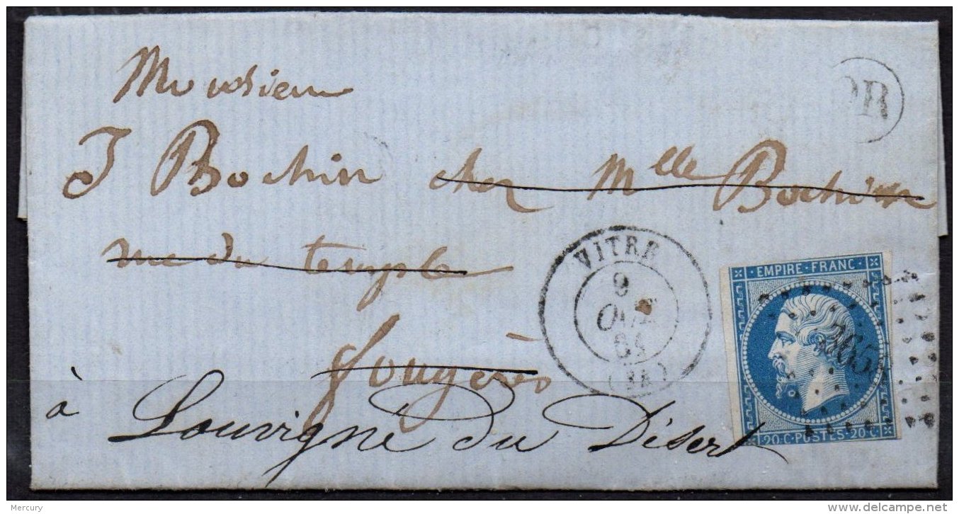 FRANCE - 20 C. Sur Lettre Avec OR Et Un Anneau-lune Entre La Barbe Et Le Cou - 1853-1860 Napoléon III