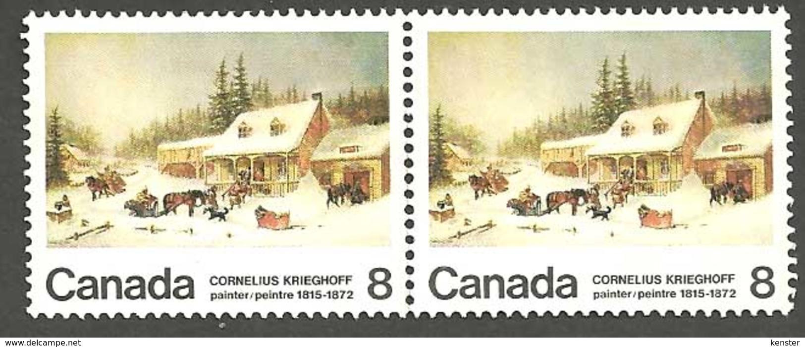 Sc. #601 & 601i Cornelius Krieghoff Se Tenant Pair, Bar-Post Variety, 1972 Unused K270 - Used Stamps