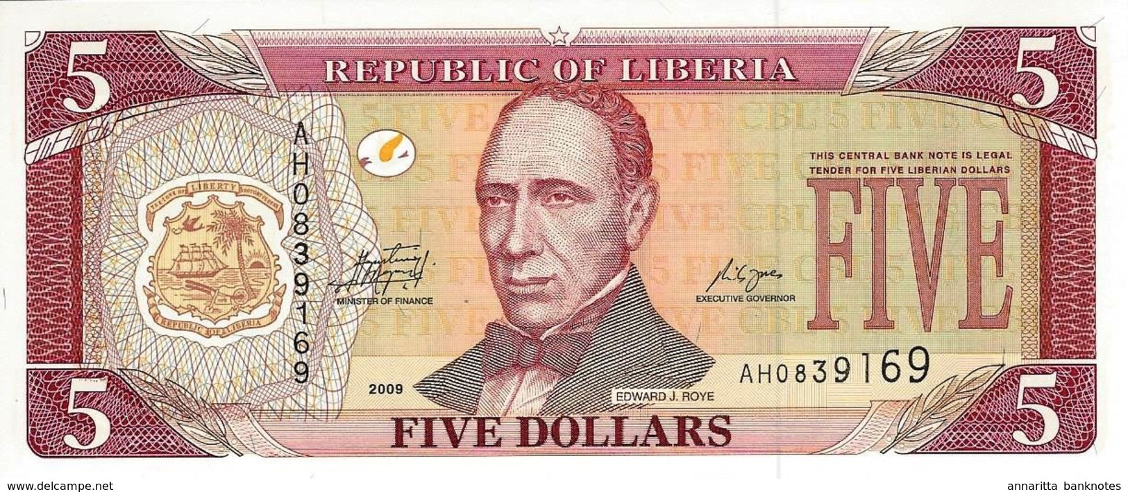 Liberia 5 Dollars 2009, UNC (P-26e, B-306e) - Liberia