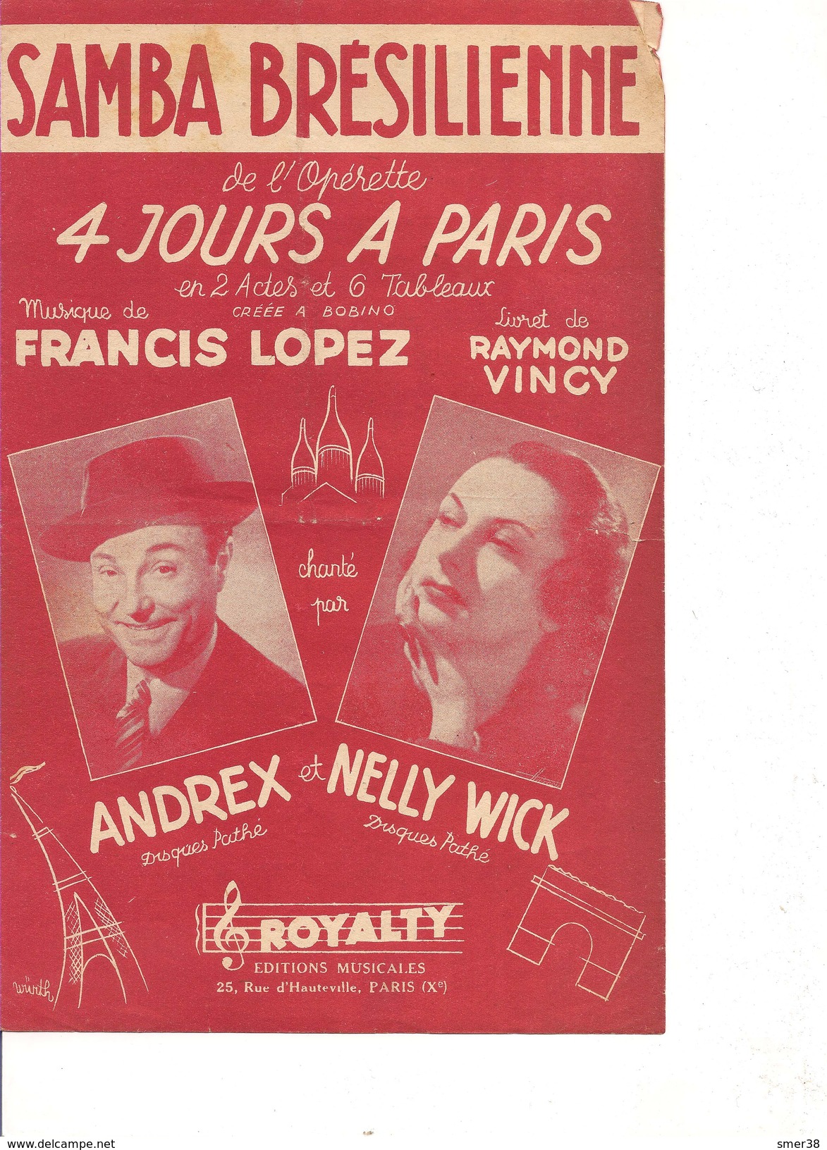 Partition- 4 Jours A Paris - Andrex Et Nelly Wick  -  Paroles : R. VINCY -  Musique: F. LOPEZ - Autres & Non Classés