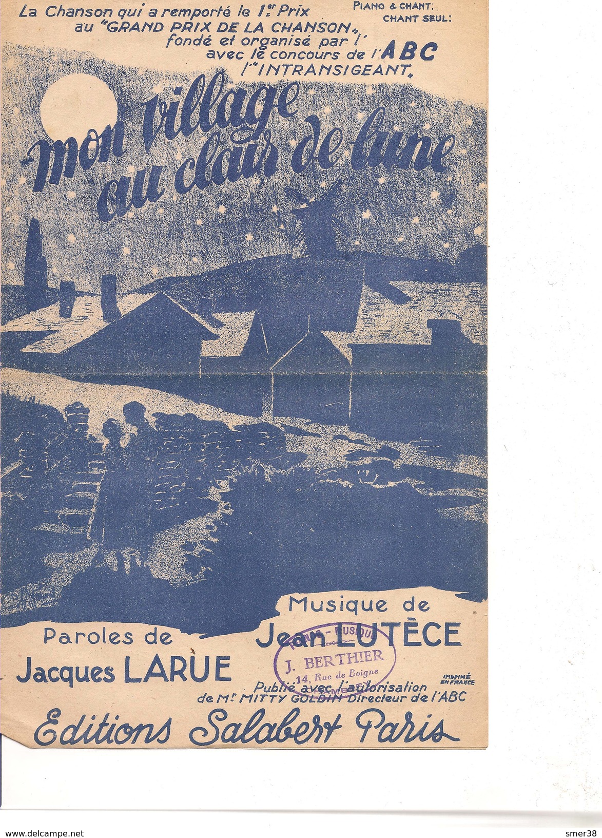 Partition- Mon Village Au Clair De Lune -  -  Paroles : J. LARUE - Musique: J. LUTECE - Autres & Non Classés