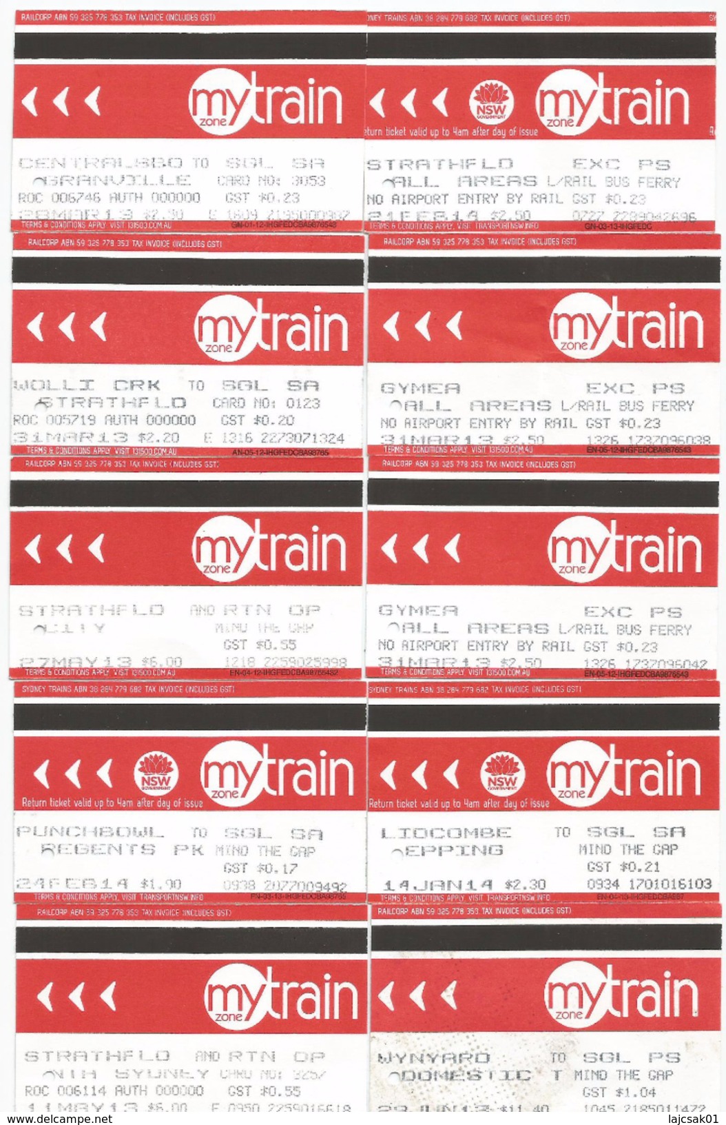 Australia Sydney Mytrain Zone Train Ticket Collection Of 10 Tickets - Mundo