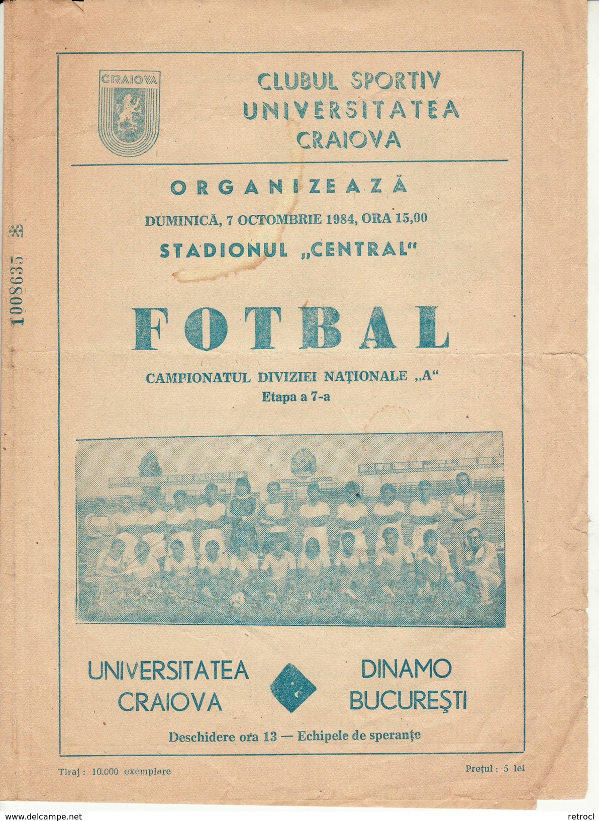 Programme Football 1984  Universitatea Craiova (Romania) Vs. FC Dinamo Bucharest (Romania) - Libri