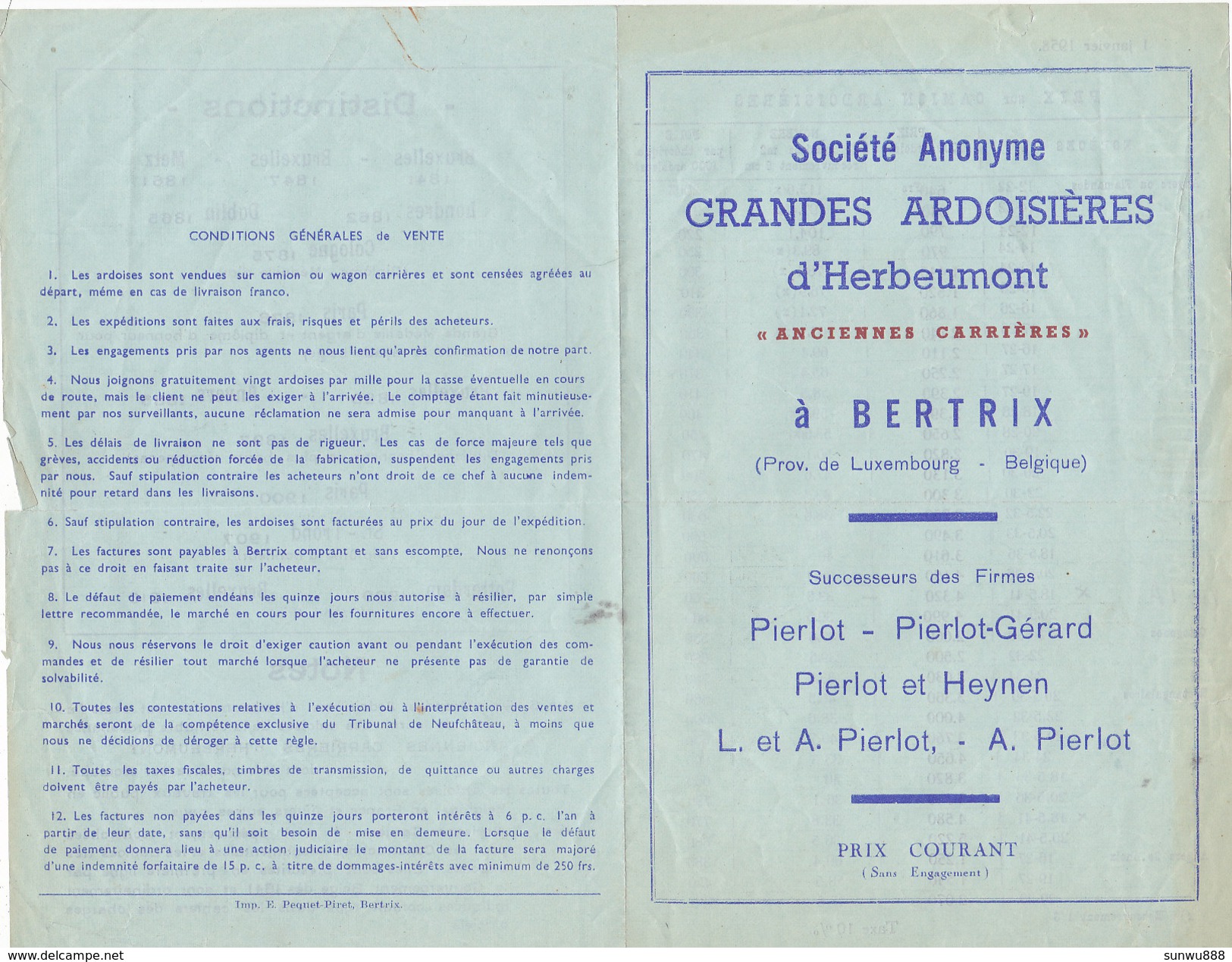 Prix-Courant 1958 - SA Grandes Ardoisières D'Herbeumont à Bertrix - 1950 - ...