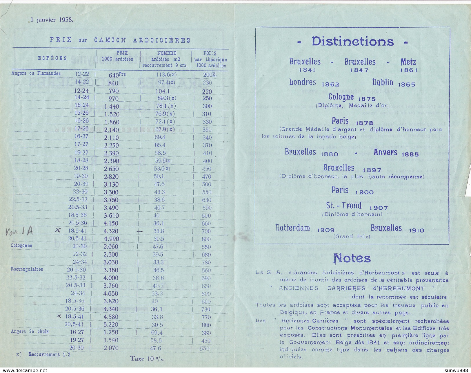 Prix-Courant 1958 - SA Grandes Ardoisières D'Herbeumont à Bertrix - 1950 - ...