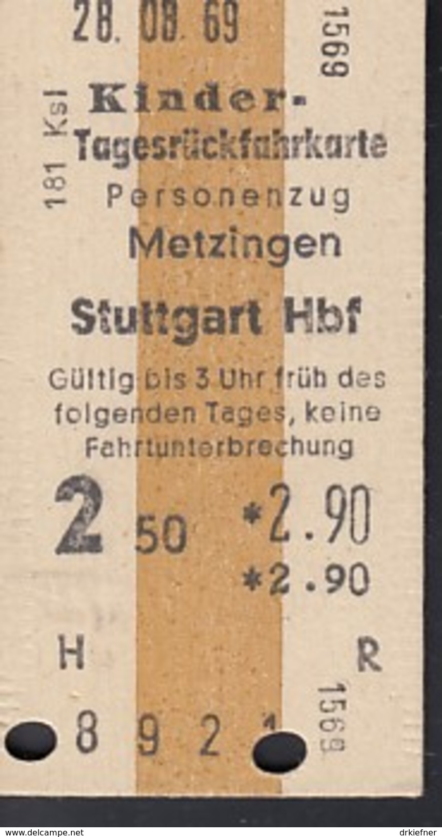 Metzingen - Stuttgart Hbf Am 8.4.1970 - 2,90 DM, Kinder-Tagesrück-Fahrkar Te, Ticket, Billet - Europa