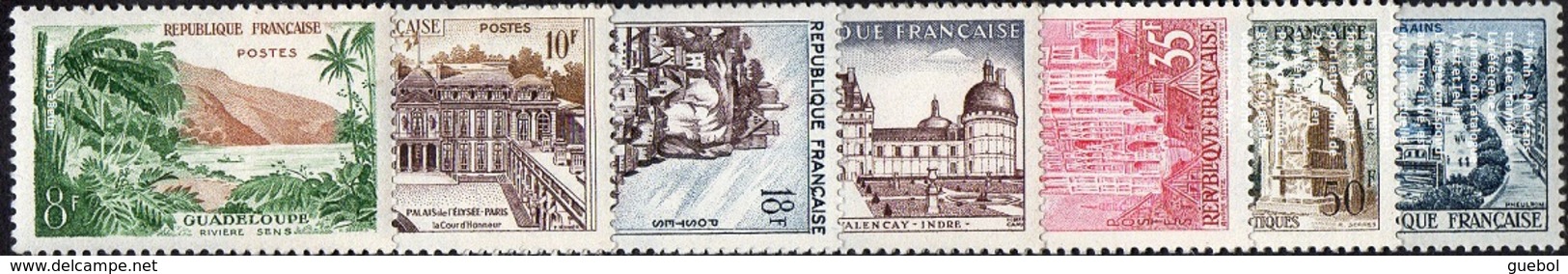 France N° 1125 à 1131 ** Sites, Monuments - Guadeloupe, Elysée, Beynac, Valencay, Rouen, St_Rémy, Evian - Neufs