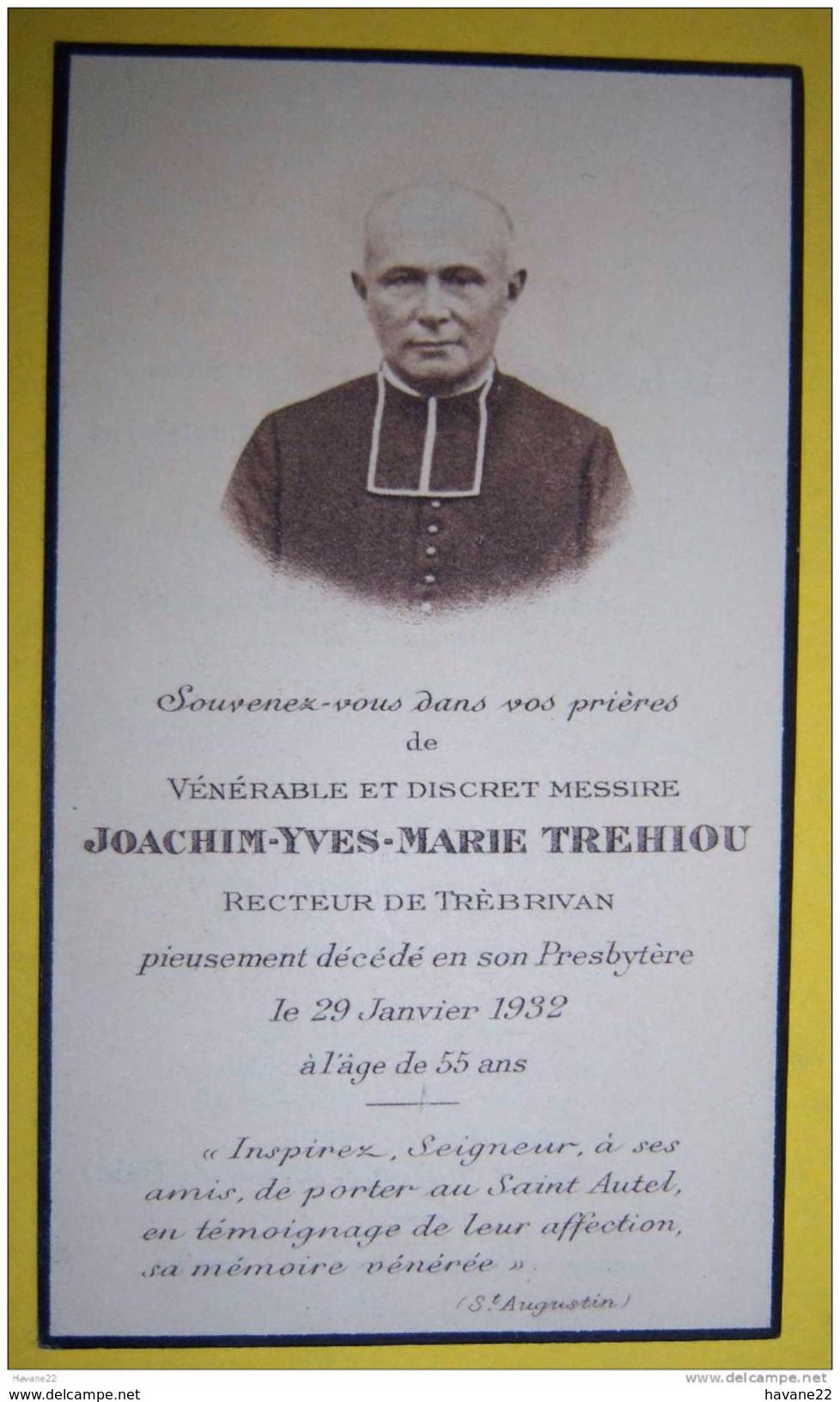 IM20 Image Pieuse  MORTUAIRE JOACHIM YVES MARIE THEHIOU RECTEUR DE TREBRIVAN 1932 - Devotion Images