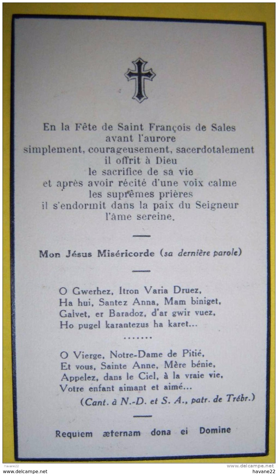 IM20 Image Pieuse  MORTUAIRE JOACHIM YVES MARIE THEHIOU RECTEUR DE TREBRIVAN 1932 - Devotion Images