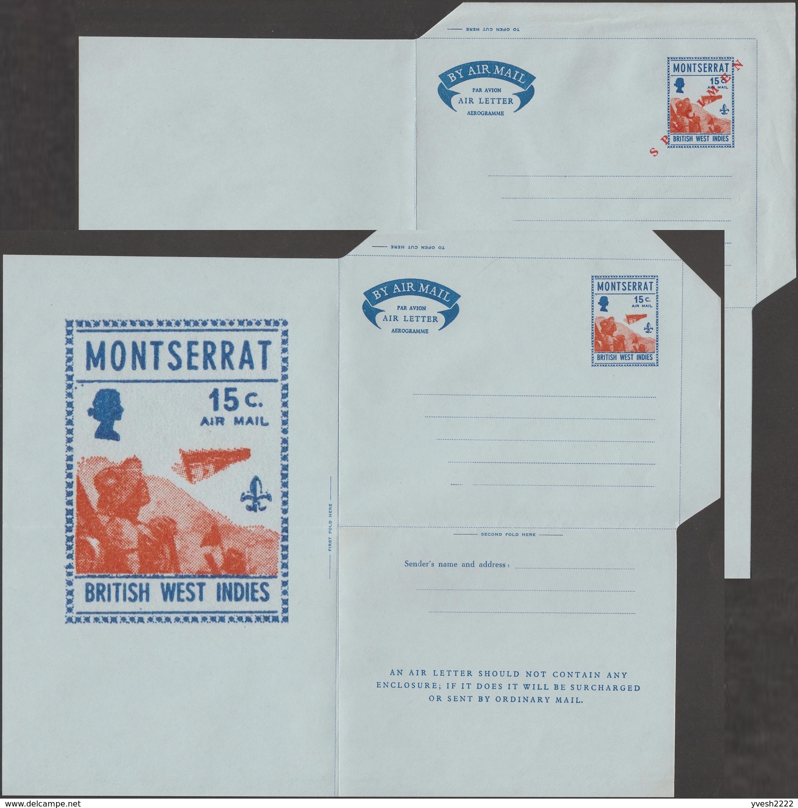 Montserrat 1971. Essai D'aérogramme, Non Adopté, Surchargé «Specimen» Ou Non. Satellite Et Scoutisme - Nordamerika
