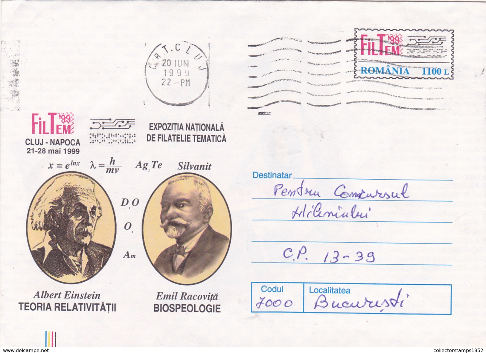 #Y76   EINSTEIN NOBEL IN PSYSICS,RACOVITA  Biospeologica,1999 COVERS STATIONERY , ROMANIA. - Albert Einstein