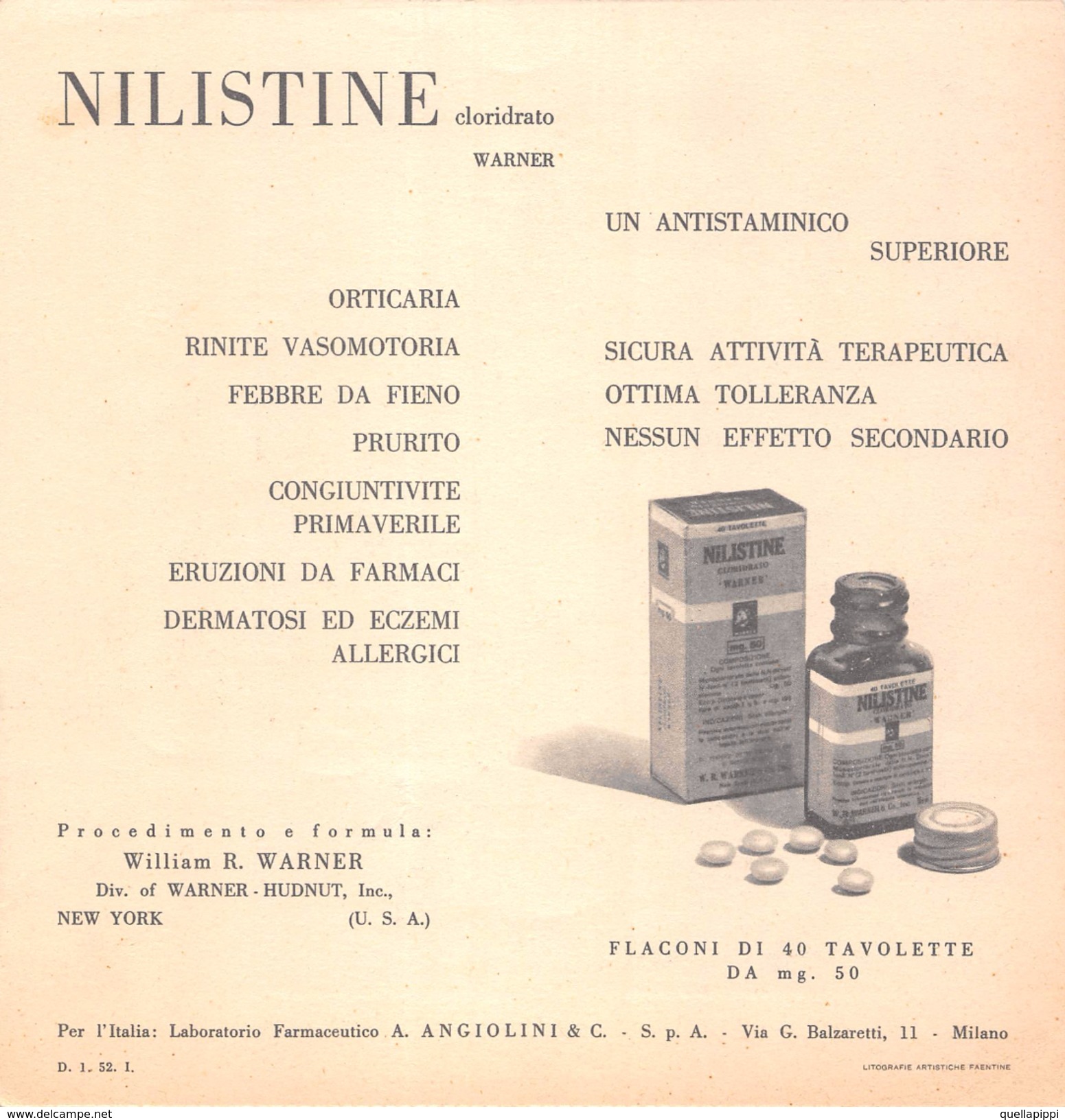 05124  "NILISTINE CLORIDRATO WARNER - ANTISTAMINICO" PUBBLICITA' ORIGINALE 1952 - Pubblicitari