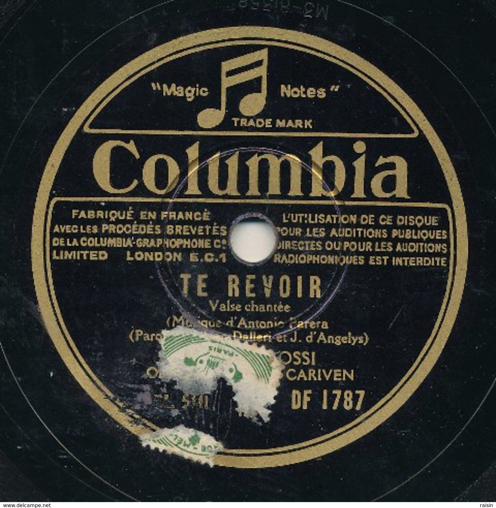 Tino Rossi Te Revoir; Les Fleurs C'est De L'amour. Columbia DF 1787 BE - 78 T - Disques Pour Gramophone