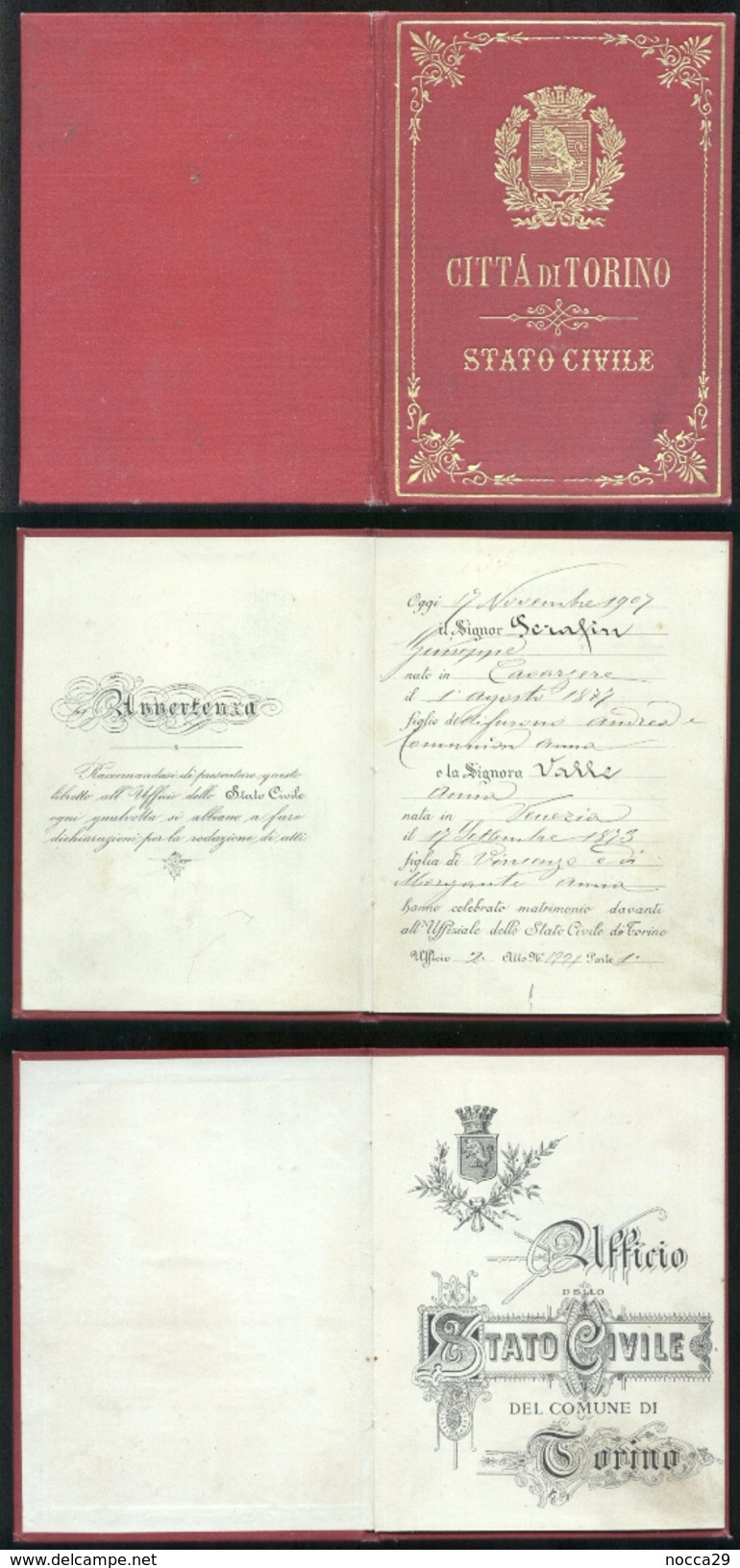 SPLENDIDO LIBRETTO DI STATO CIVILE DI TORINO 1907 CONIUGI SERAFIN DI CAVARZERE - Mariage