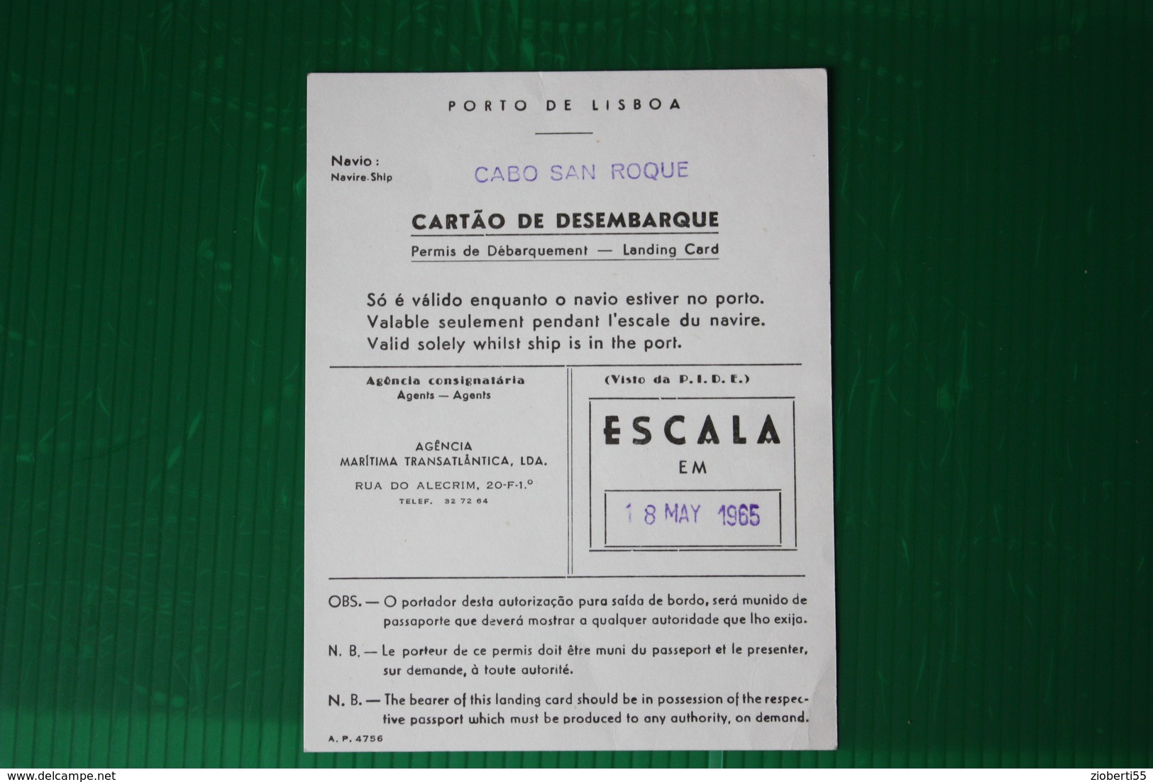 CARTA DI SBARCO LISBONA -  MN "CABO SAN ROQUE" - 1965 - Europa