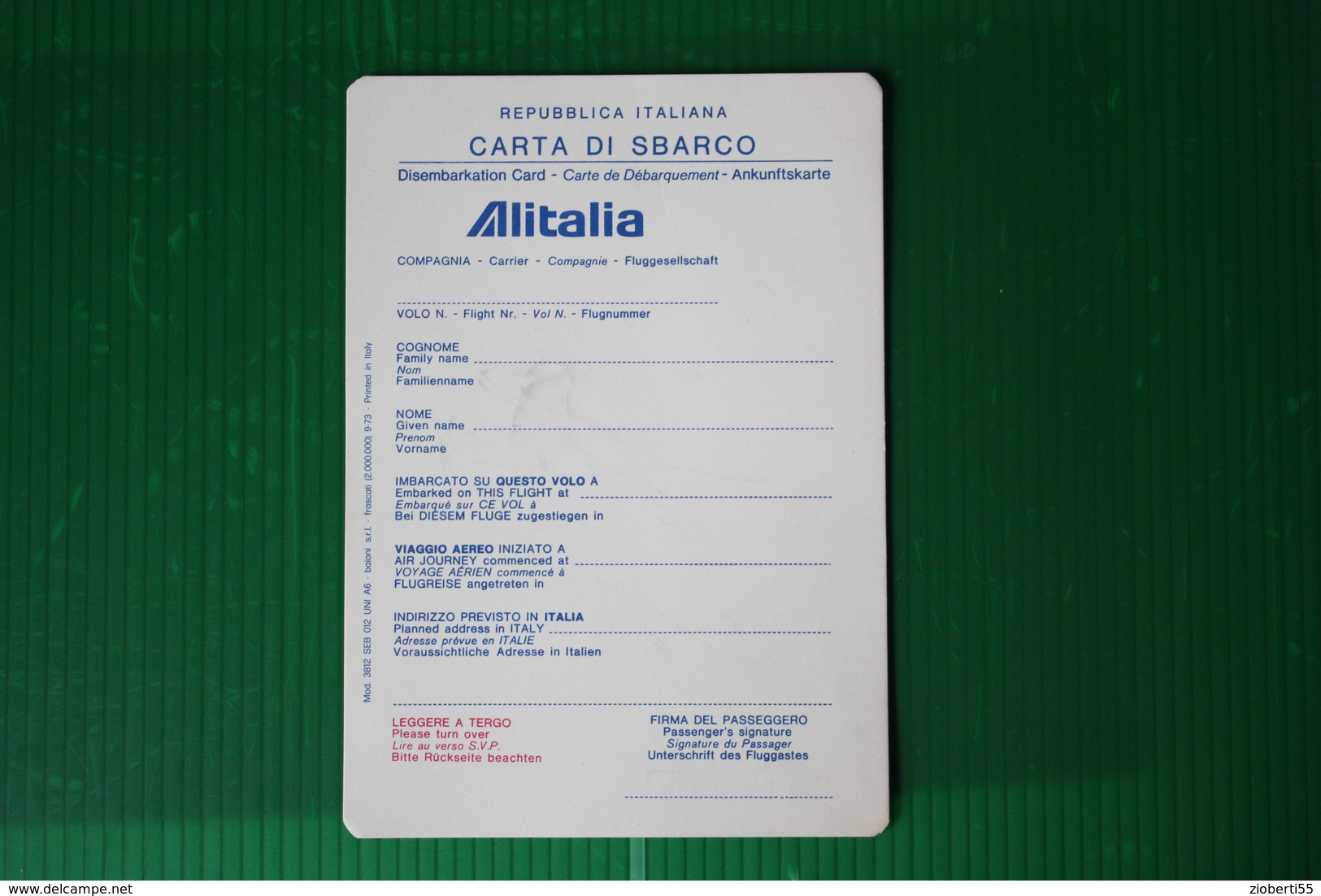 CARTA DI SBARCO ALITALIA - NON COMPILATA - ANNI 70 - Mondo