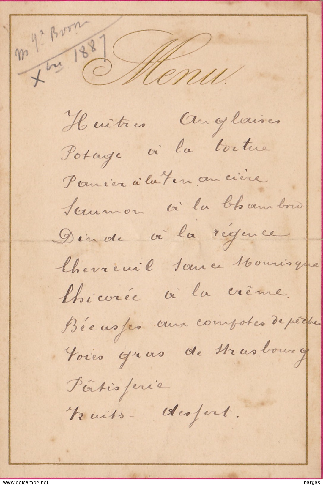 Menu Ancien 1887 Chez Boon Pour De Clercq Politique - Menus