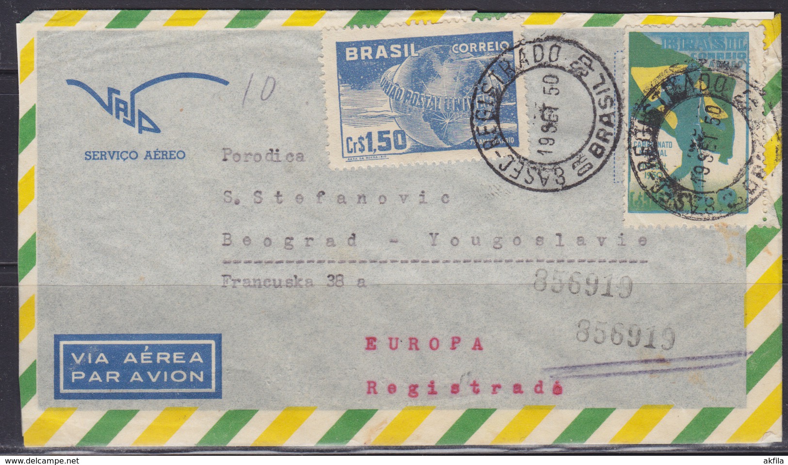 Brazil 1950 Airmail Letter From Brazil To Yugoslavia (Beograd) - Poste Aérienne