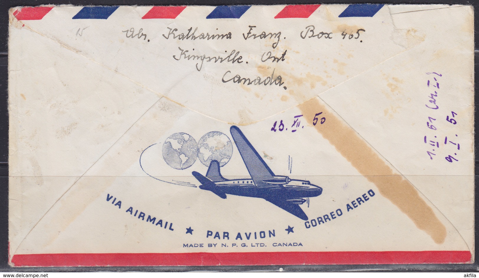 Canada 1950 Airmail Letter From Kingsville (CA) To Yugoslavia - Posta Aerea