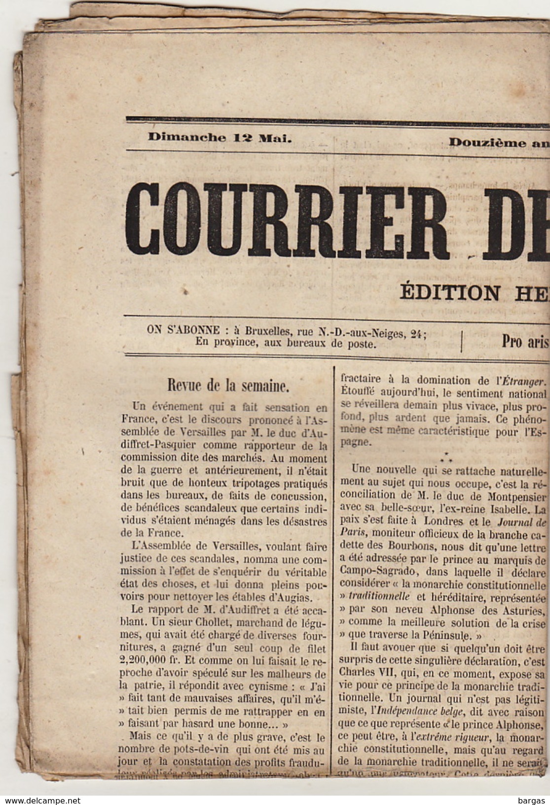Journal Ancien Catholique Le Courrier De Bruxelles 12 Mai 1872 - 1850 - 1899