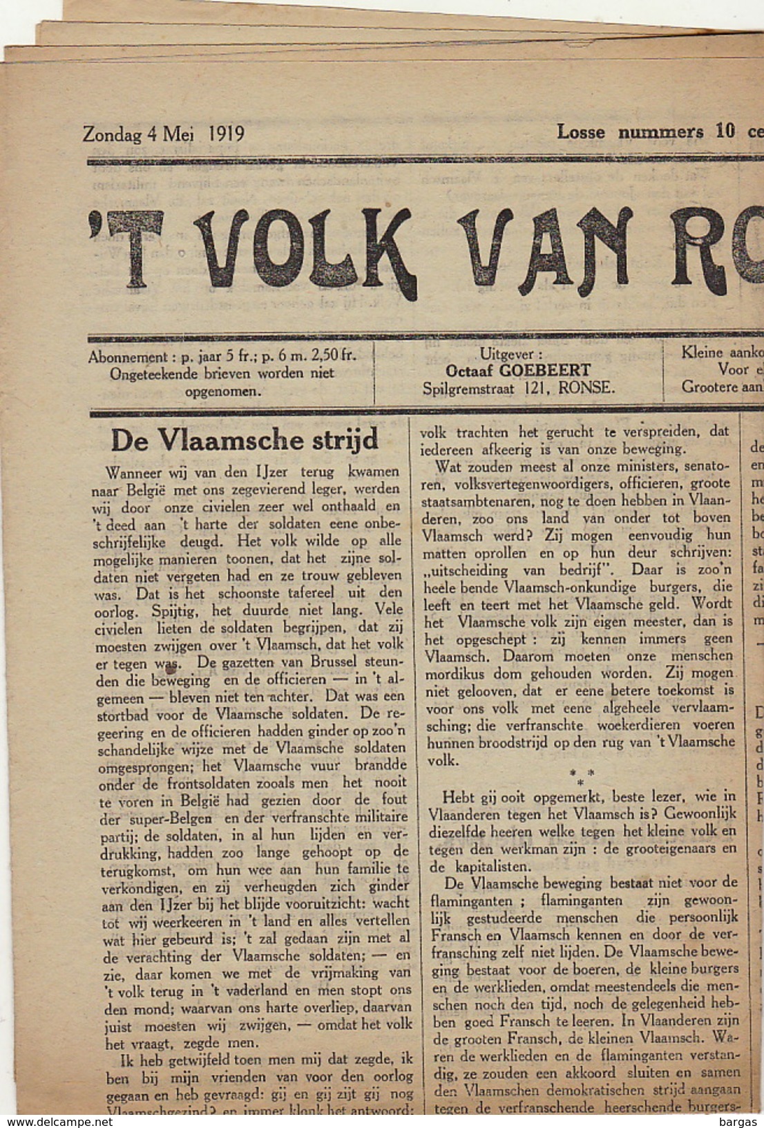 Journal Ancien Politique Catholique Het Volk Van Ronse Renaix 4 Mai 1919 - 1850 - 1899