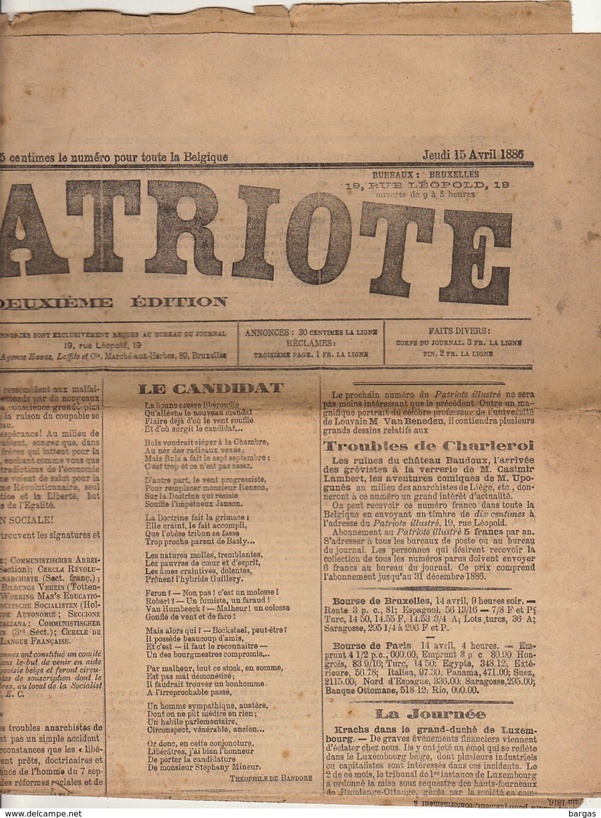 Journal Ancien Politique LE PATRIOTE 15 Avril 1885 - 1850 - 1899