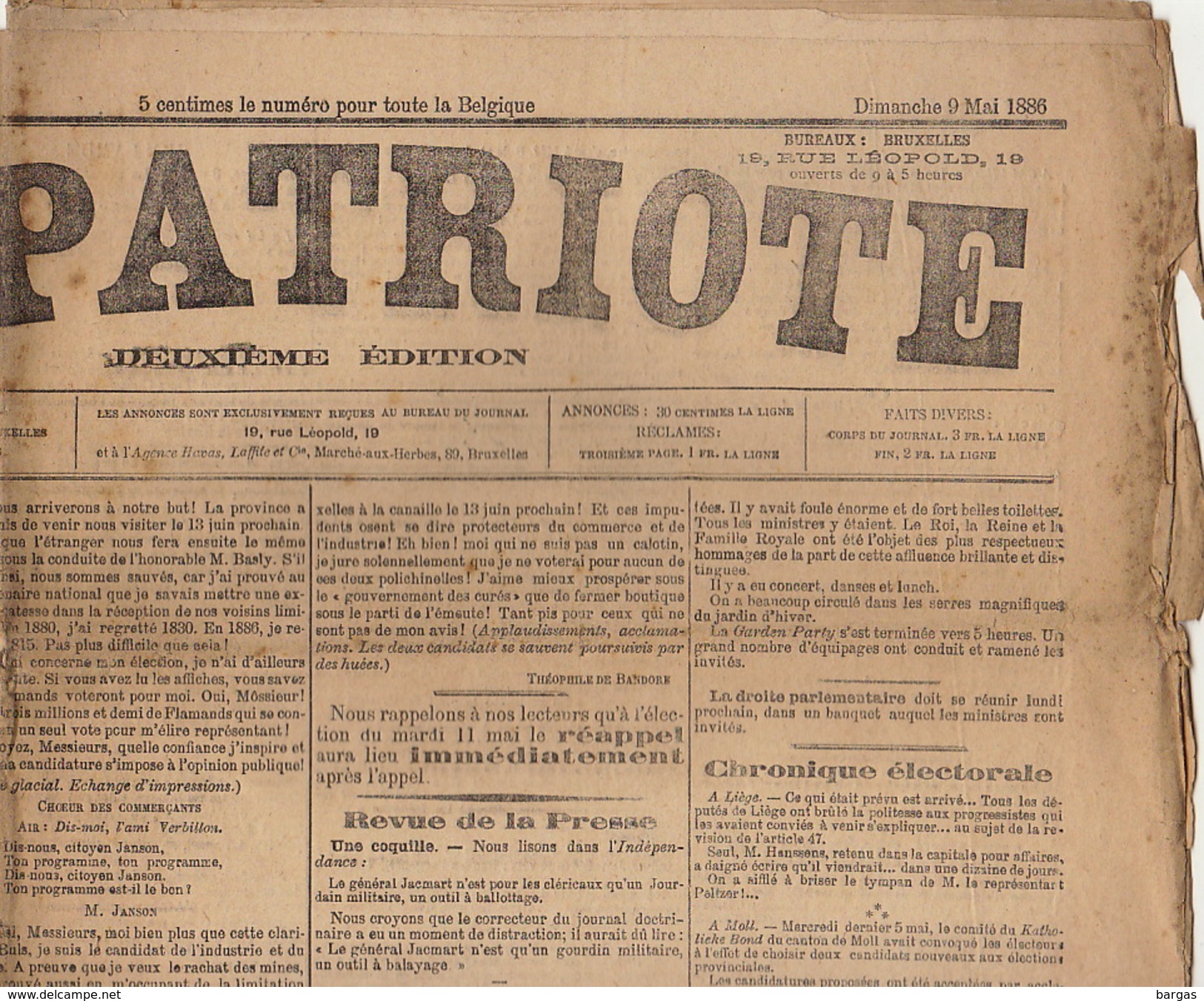 Journal Ancien Politique LE PATRIOTE 9 Mai 1886 élection Meeting - 1850 - 1899