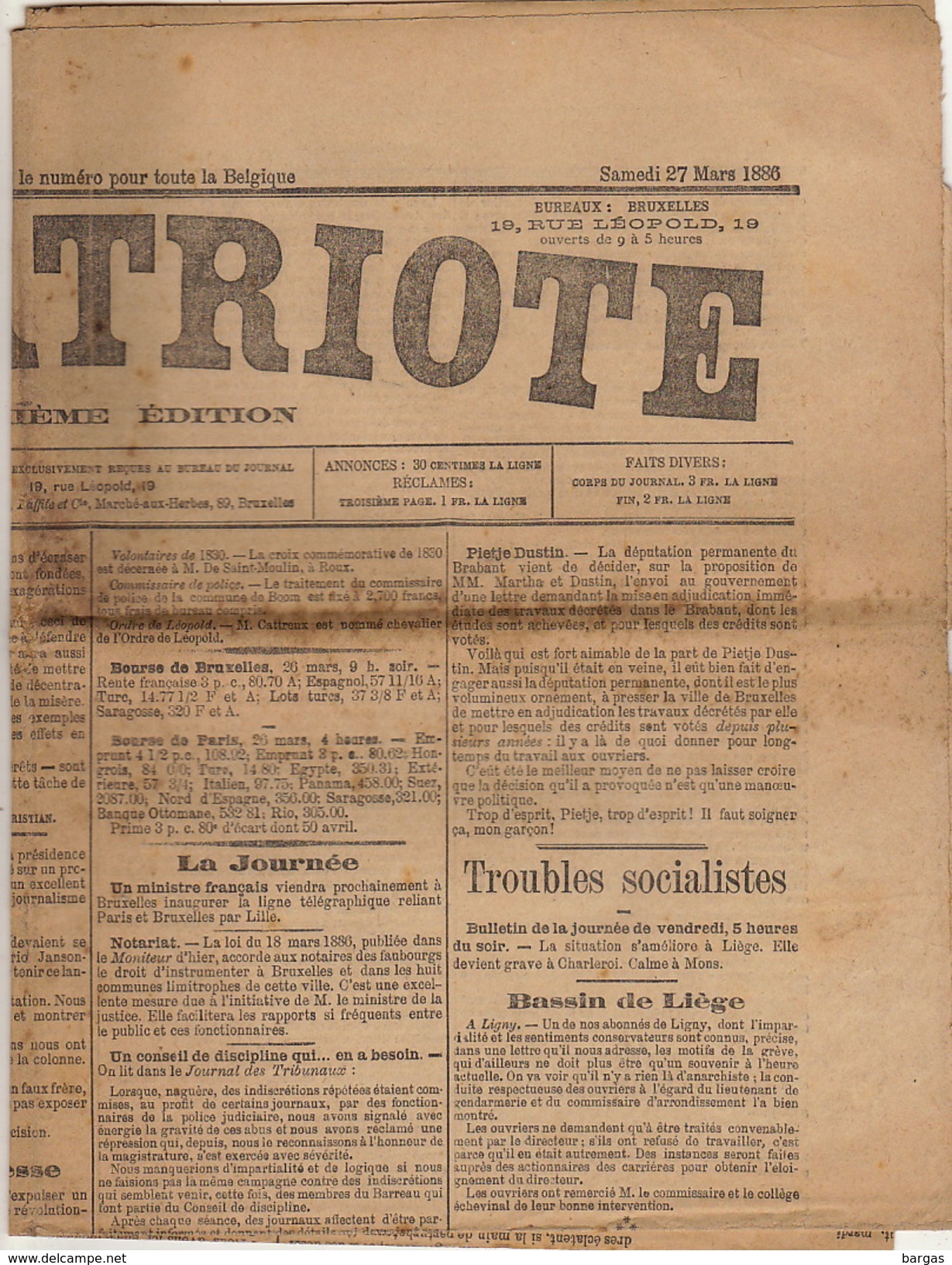 Journal Ancien Politique LE PATRIOTE 27 Mars 1886 Trouble Socialiste Bassin De Liège - 1850 - 1899