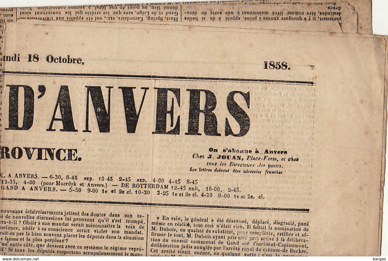 Journal Ancien JOURNAL D'ANVERS ET DE LA PROVINCE 17-18 Octobre 1858 - 1850 - 1899