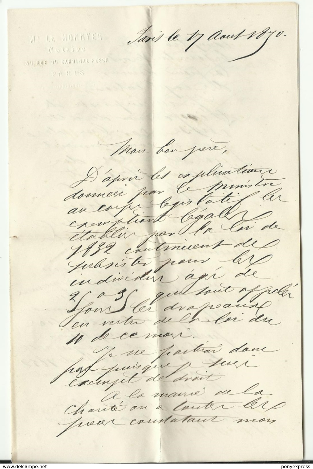 Lettre De Paris 17 Août 1870 D'un Fils à Son Père Au Sujet Des Lois Sur Les Réformés De Guerre. - Guerre De 1870