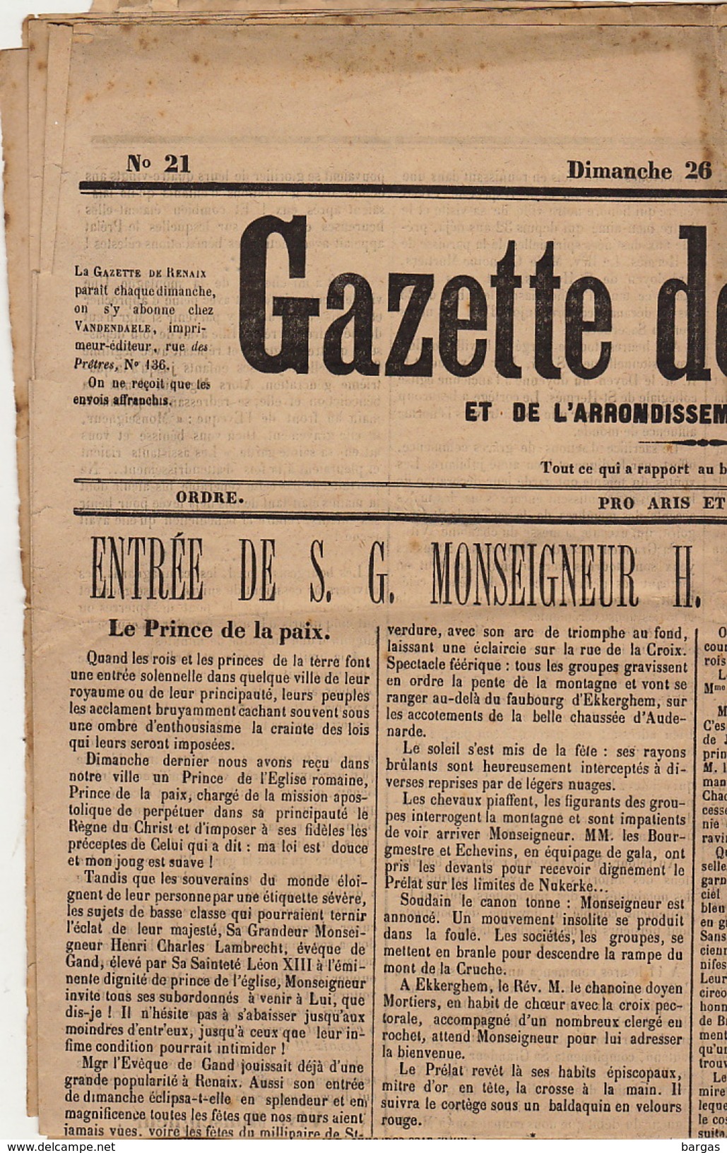 Journal Ancien GAZETTE DE RENAIX ET L'ARRONDISSEMENT D'AUDENARDE 26 Mai 1889 Lambrecht évêque De Gand - 1850 - 1899