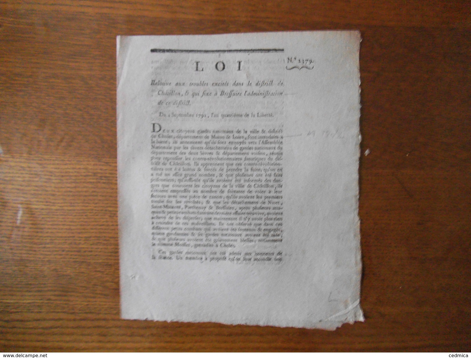 4 SEPTEMBRE 1791 LOI RELATIVE AUX TROUBLES EXCITES DANS LE DISTRICT DE CHÂTILLON ET QUI FIXE A BRESSUIRE L'ADMINISTRATIO - Centre - Val De Loire