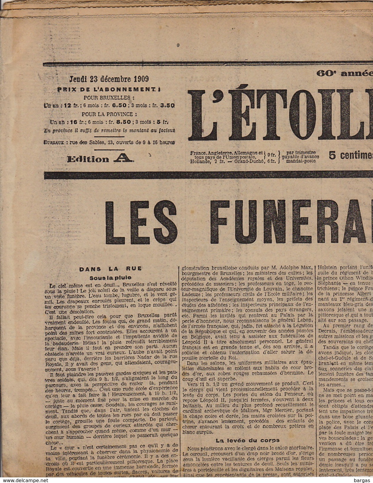 Journal Ancien L'ETOILE BELGE 22 Décembre 1909 Mort Du Roi Leopold II Les Funérailles - 1850 - 1899