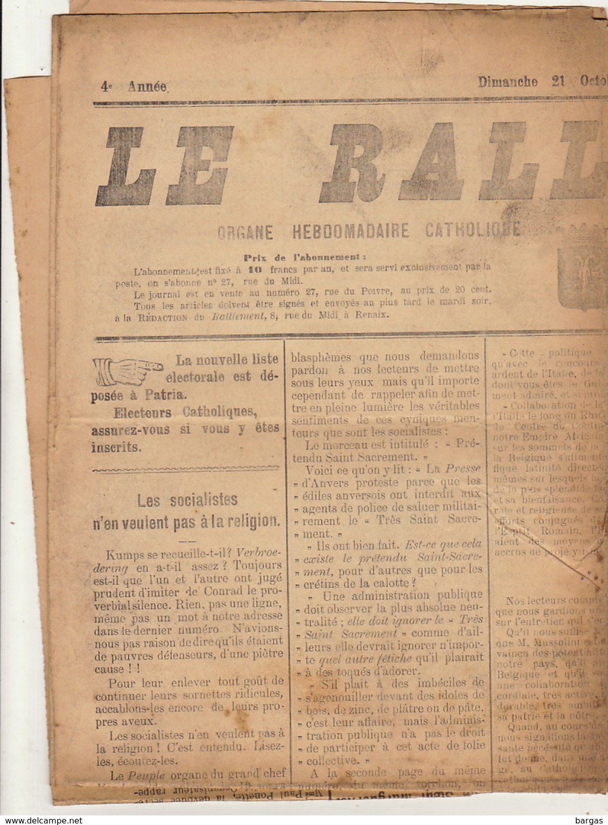 Journal Ancien Politique Catholique LE RALLIEMENT DE RENAIX ET SES ENVIRONS élection 21 Octobre 1923 - 1850 - 1899