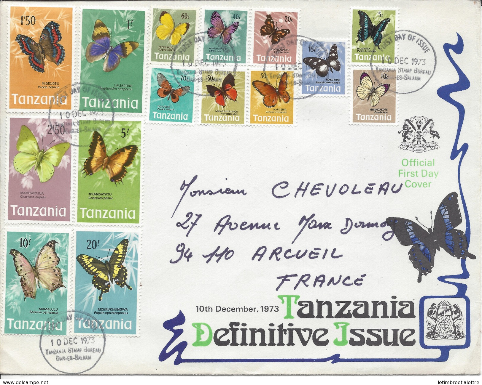 Lettre Décorée, Thématique Papillon, Tanzanie Pour La La France 1973 TB - Papillons