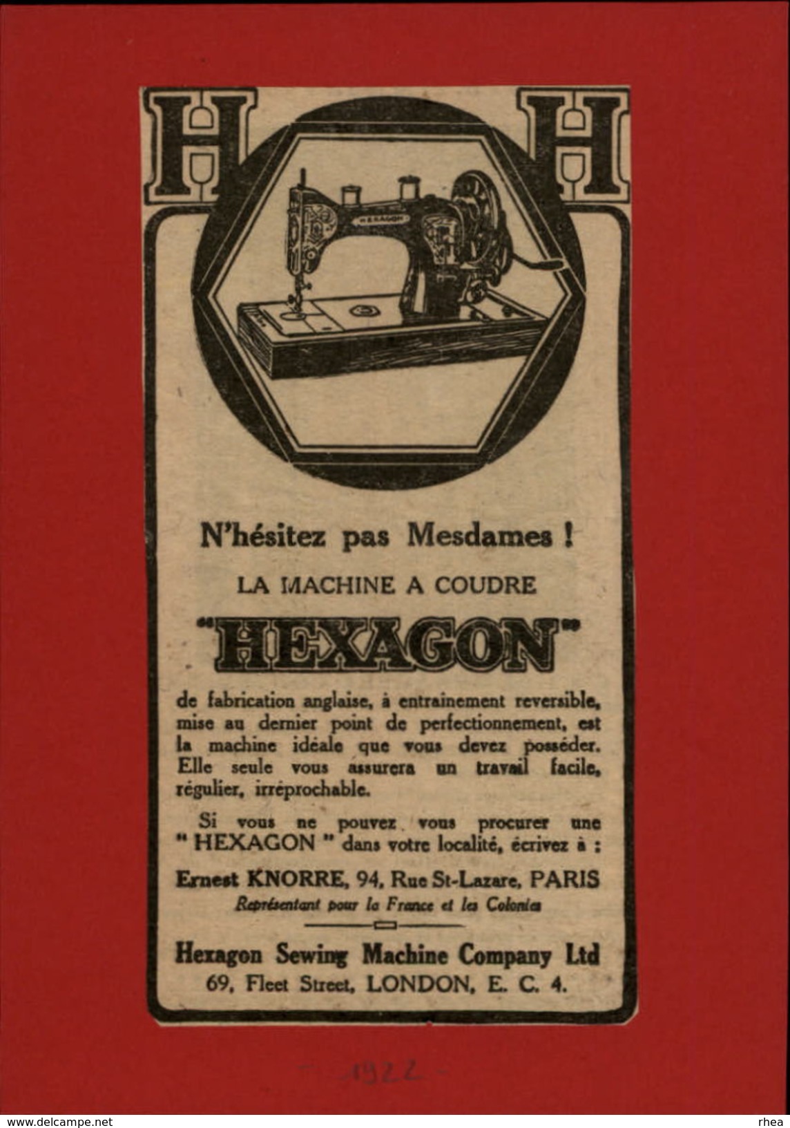 MACHINES A COUDRE - PUB HEXAGON - Pub Issue D'une Revue De 1922 Collée Sur Carton - Publicités