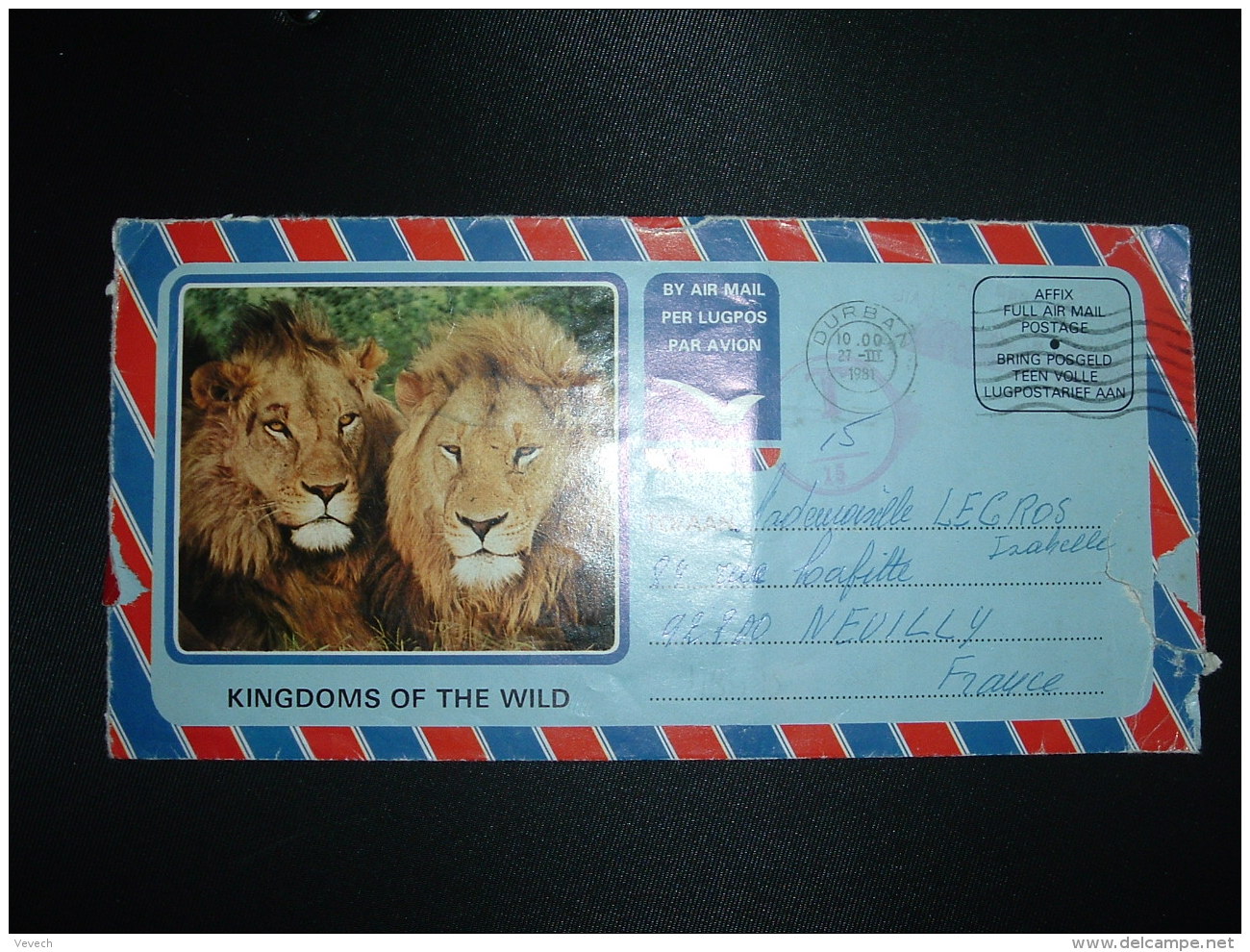 CL PAR AVION AFFIX FULL AIR MAIL POSTAGE OBL.MEC.27 III 1981 DURBAN + TAXE + LIONS + ELEPHANTS - Lettres & Documents