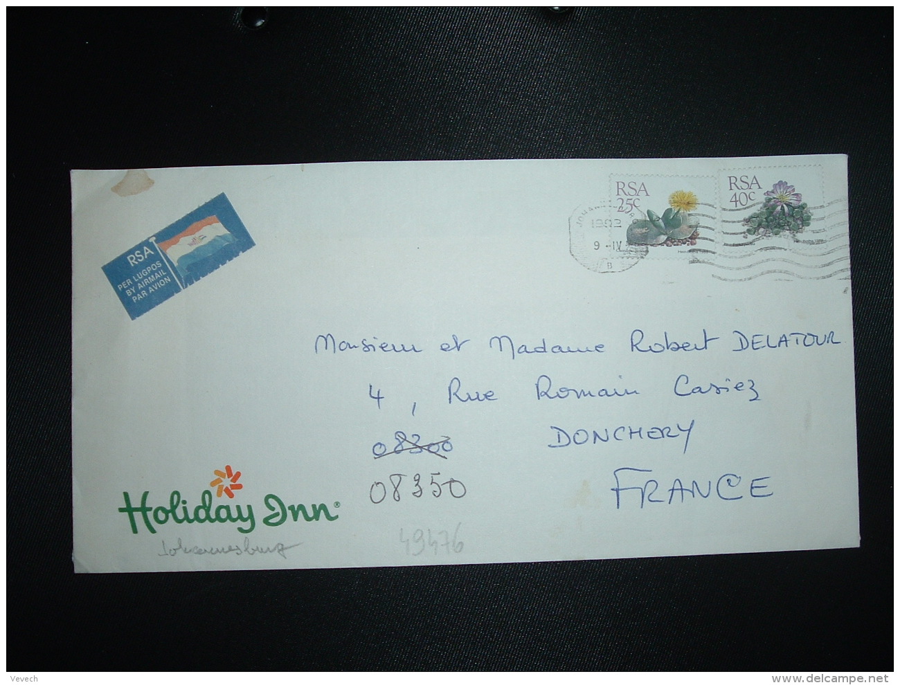 LETTRE PAR AVION TP FLEUR 40c + 25c OBL.MEC.9 IV 1992 JOHANNESBURG + HOTEL HOLIDAY INN - Lettres & Documents