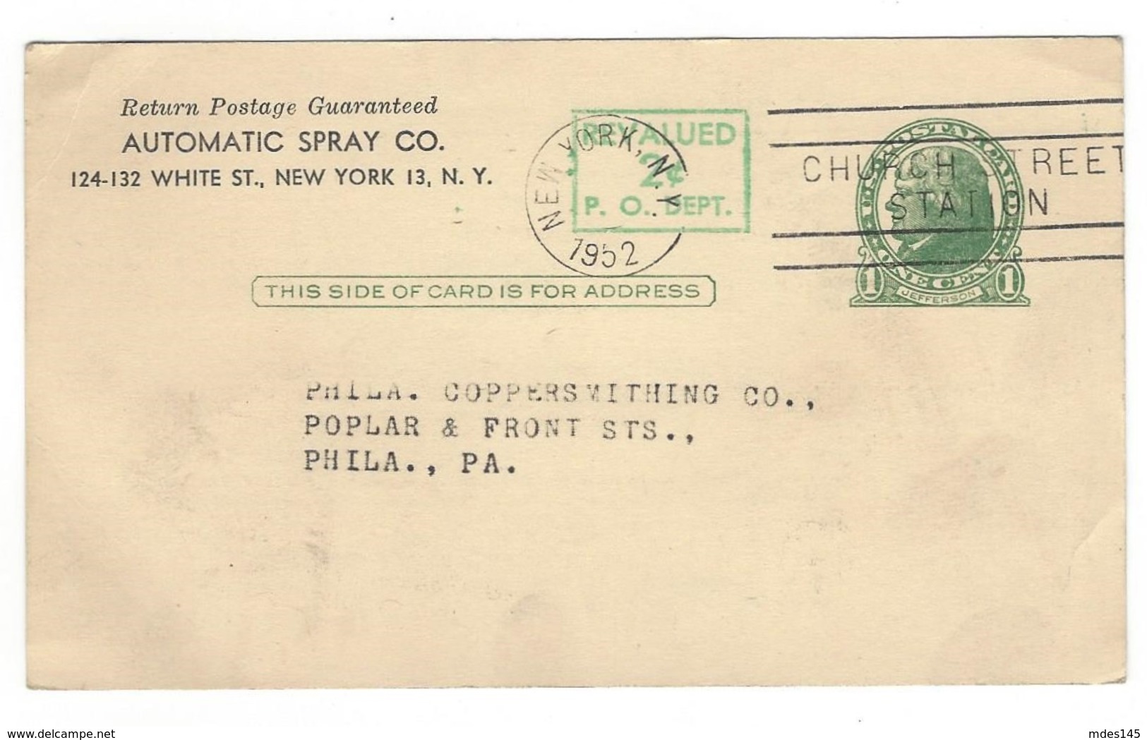 UX39 Advertising Postal Card Preprinted Automatic Spray NY No Day Time Date Slug Church Street Station - Postal History