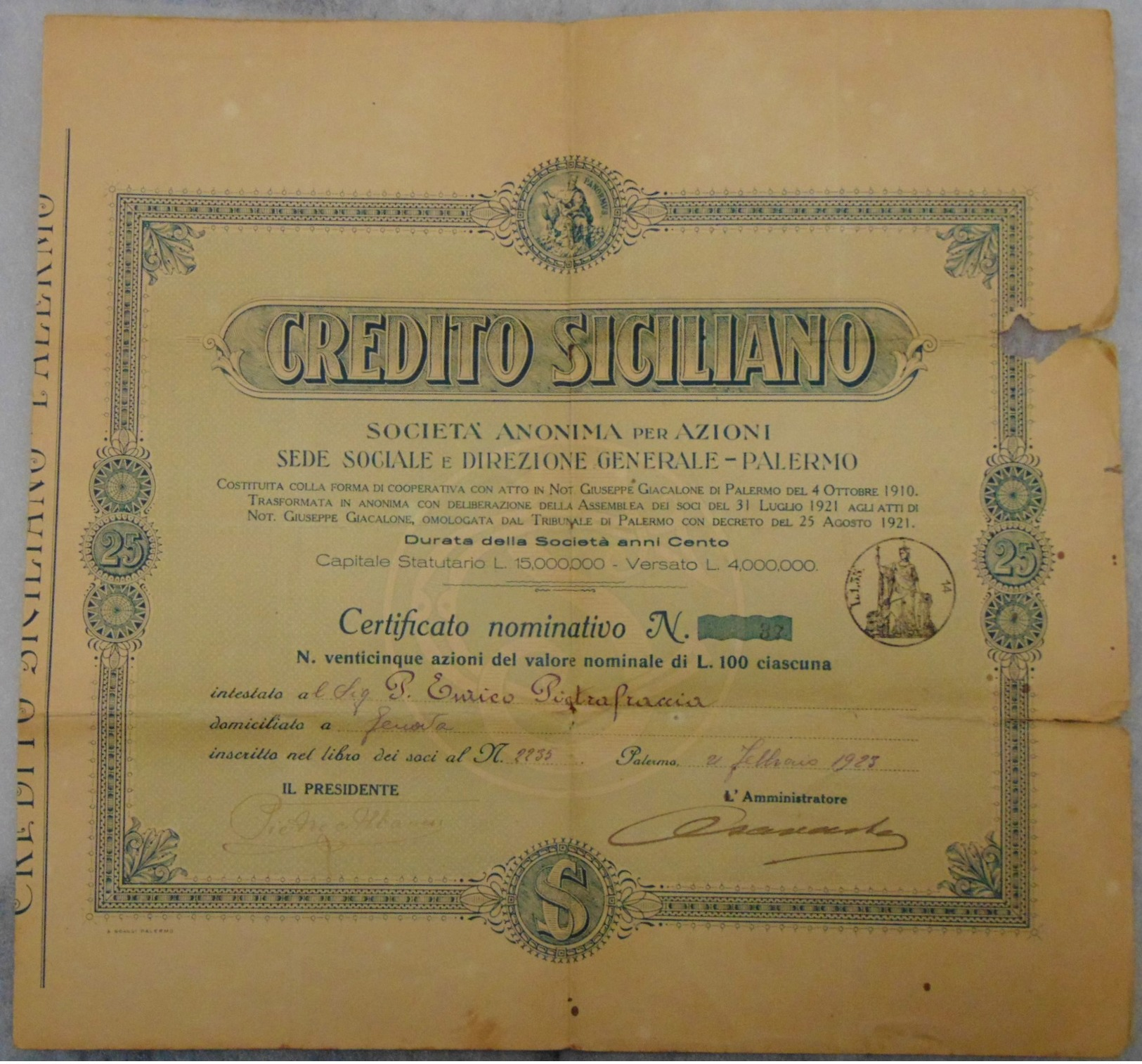 RARO CERTIIFICATO AZIONI CREDITO SICILIANO 1923 - Bank & Insurance