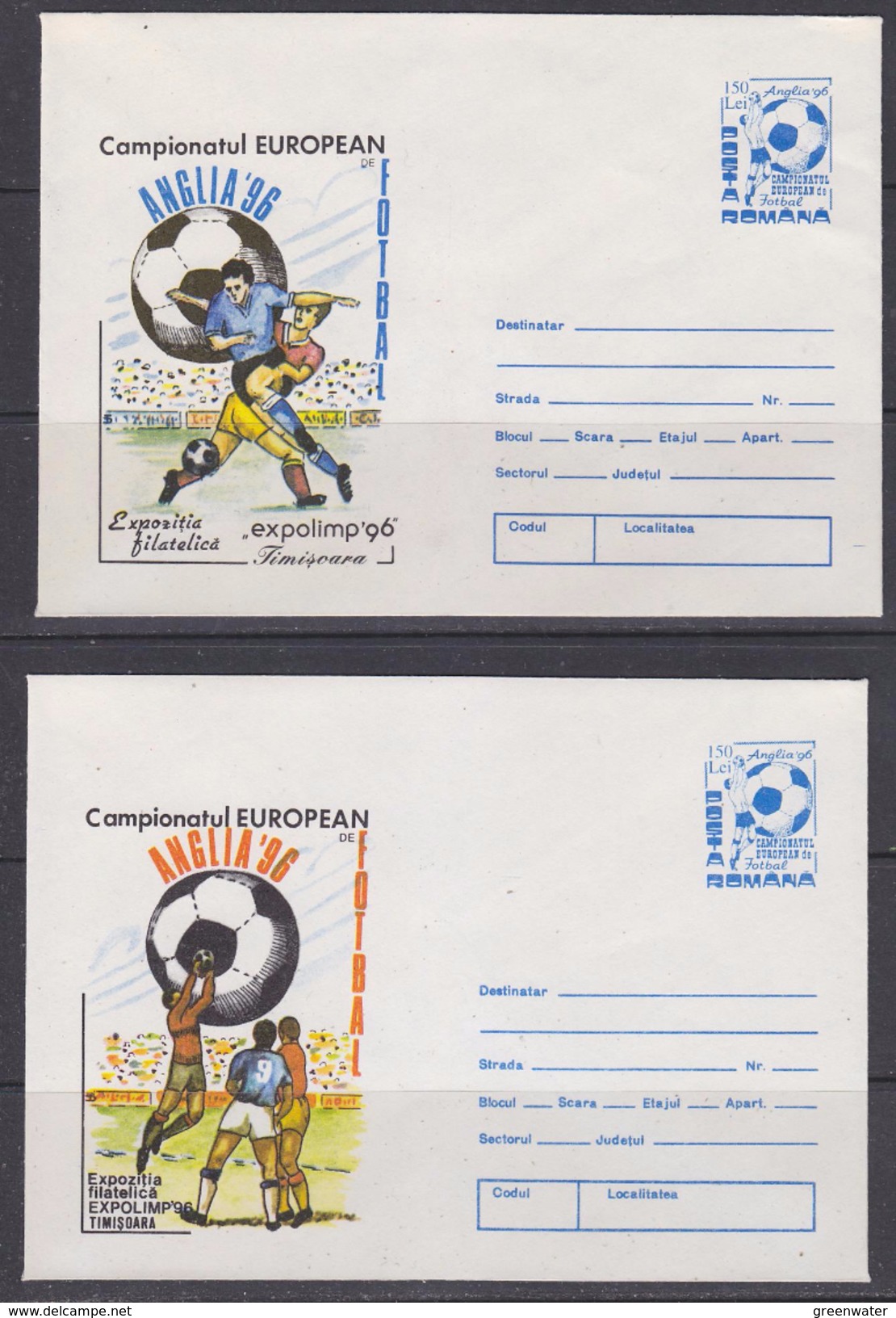 Romania 1996 European Championship Football Great Britain Postal Stationery  2 Covers Unused (F6050) Promotion - Eurocopa (UEFA)